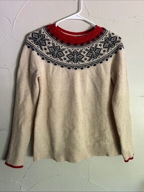 Tabitha Wool Cream Fair Isle Crewneck Sweater with Navy Yoke and Red Trim